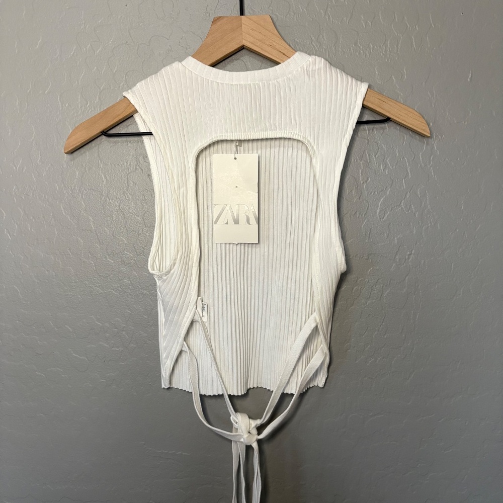 Zara White Ribbed Back Less Tie Back Tank NWT Size‎ M - Picture 2 of 5